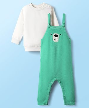 Babyhug Knit Winter Wear Romper & Full Sleeves Inner Tee With Teddy Bear Embroidery - Aqua Blue & White
