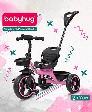 Babyhug Tricycle with Parental Push Handle-Pink| Safety Harness| Foldable Footrest| Storage Baskets| Anti-Slip Pedals| Adjustable Push Bar| Puncture Proof Wheels| Comfortable Seat| High Backrest