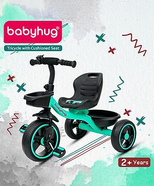 Babyhug Tricycle with Comfortable Seat & High Backrest|Storage Baskets| Anti-Slip Pedals| Puncture Proof Wheels| Easy to Assemble| Cushion Seat - Sea Green