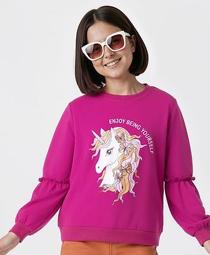 Pine Kids Cotton Knit Full Sleeves Sweatshirt With Unicorn Print - Fuchsia