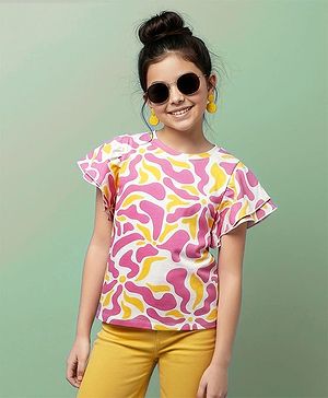 Pine Kids Cotton Knit Half Flutter Sleeves Top with Abstract Print - Multicolor