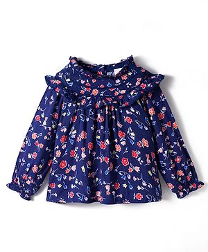 Babyhug Rayon Woven Full Sleeves Top With Floral Prints Lace & Frill Detailing - Navy Blue