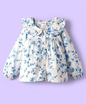 Babyhug 100% Cotton Poplin Woven Full Sleeves Floral Printed Peter Pan Collar Top - White