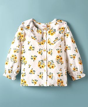 Babyhug 100% Cotton Woven Full Sleeves Floral & Swiss Dot Printed Peter Pan Collar Top - White