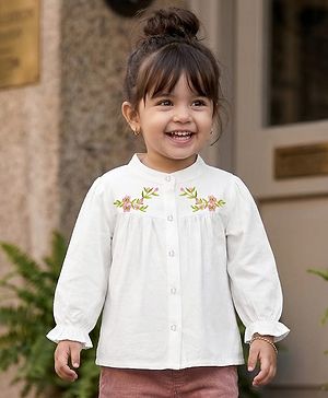 Babyhug Rayon Woven Full Sleeves Floral Embroidered Top  - White