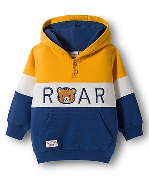 Babyhug Fleece Knit Full Sleeves Hooded Sweatshirt With Tiger Embroidery & Kangaroo Pockets - Blue & Yellow