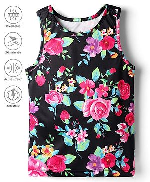 Pine Active Knit Sleeveless Floral Printed T-Shirt - Black