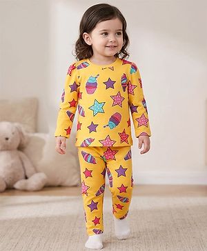 Babyhug Cotton Knit Full Sleeves Co-Ord Night Suit with Star & Cupcake Print - Yellow