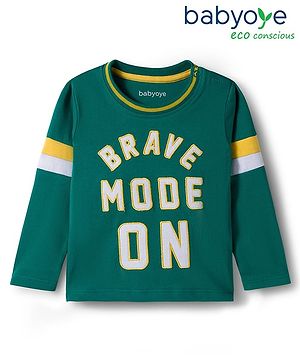 Babyoye 100% Cotton Knit Full Sleeves T-Shirt With Brave Mode On Text Print - Dark Green