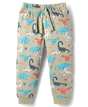 Babyhug Cotton Knit Full Length Lounge Pant With Dino Print - Olive Green