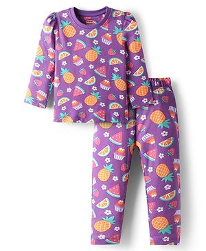 Babyhug Cotton Knit Full Sleeves Co-Ord Night Suit with Fruits & Cupcake Print - Purple