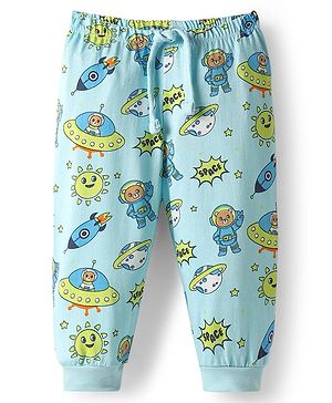 Babyhug Cotton Knit Full Length Lounge Pant with Space Theme Print - Light Blue