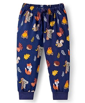 Babyhug Cotton knit Full Length Lounge Pant with Animal Print - Navy Blue