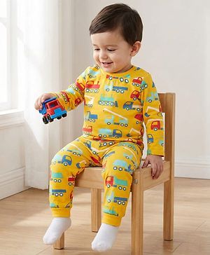 Babyhug Cotton Knit Full Sleeves Co-Ord Night Suit with Vehicle Print - Light Orange