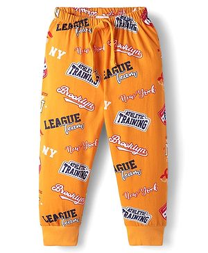 Babyhug Cotton Knit Full Length Lounge Pant With Text Print - Yellow