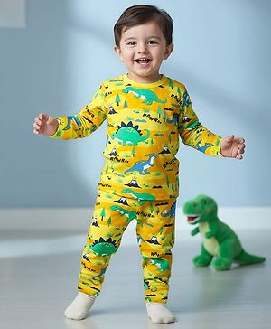 Babyhug Cotton Knit Full Sleeves Co-Ord Night Suit with  Dino Print - Yellow