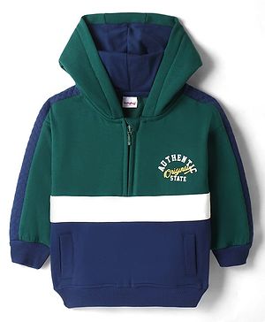 Babyhug Fleece Knit Full Sleeves Front Open Hooded Sweatshirt with Authentic Text Print & Kangaroo Pocket- Dark Green & Navy Blue