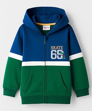 Babyhug Fleece Knit Full Sleeves Hooded Sweatjacket With Dino Print & Kangaroo Pockets - Blue & Green