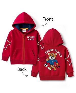 Babyhug Fleece Knit Full Sleeves Front Open Hooded SweatJacket with Tiger Graphic - Red