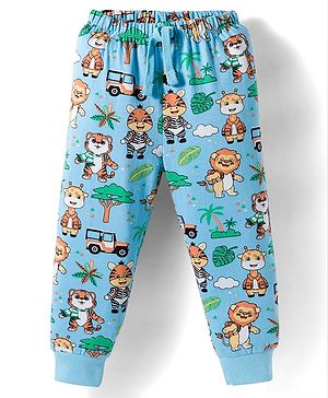 Babyhug Cotton Knit Full Length Lounge Pant with Jungle Theme Print - Light Blue