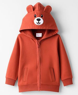 Babyhug Fleece Knit Full Sleeves Hooded Sweatjacket With Teddy Bear Embroidery - Rust Orange