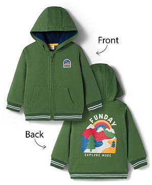 Babyhug Fleece Knit Full Sleeves Hooded SweatJacket with Graphic & Kangaroo Pocket - Green