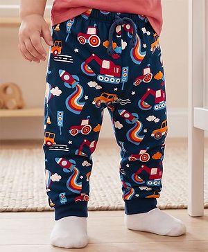 Babyhug Cotton Knit Full Length Lounge Pant With Vehicle Print - Navy Blue