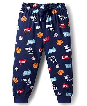 Babyhug Cotton Knit Full Length Lounge Pant with Sports Print - Navy Blue