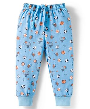 Babyhug Cotton Knit Full Length Lounge Pants with Sports Theme Print - Light Blue
