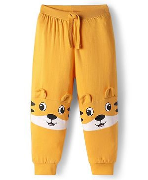Babyhug Cotton Knit Full Length Lounge Pant With Animal Print & Ear Applique - Mustard