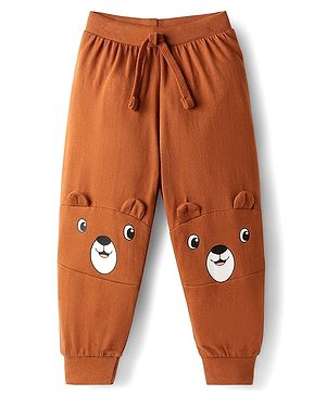 Babyhug Cotton Knit Full Length Lounge Pant with Bear Print & Ear Applique - Brown