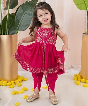 Titrit Georgette Woven Sleeveless
                              Mirror Work Detailed Sequins Embellished
                              Kurti & Dhoti Set - Pink