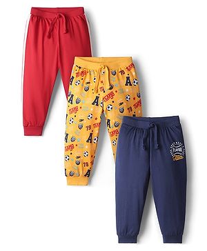 Babyhug Cotton Knit Full Length Football Printed Lounge Pants Pack of 3 - Navy Blue Yellow & Red