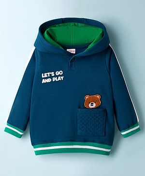 Babyhug Fleece Knit Full Sleeves Hooded Sweatshirt With Teddy Bear Patch - Teal Blue