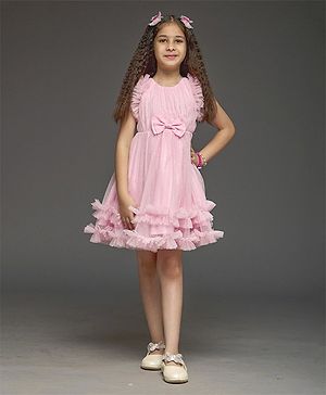 KIDSDEW Net Woven Frill Sleeves Shimmered Bow Applique Detailed Layered Dress - Pink