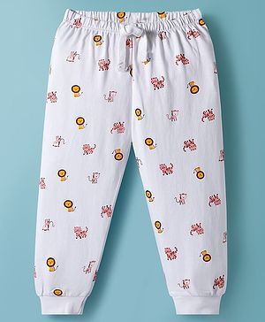Babyhug Cotton Knit Full Length Lounge Pant with Animal Print - White