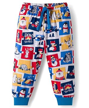 Babyhug Cotton Knit Full Length Lounge Pant with Animal Print - White & Blue