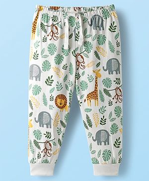 Babyhug Cotton Knit Full Length Lounge Pant With Animal Print - White
