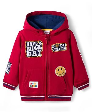 Babyhug Fleece Knit Full Sleeves Hooded Sweatjacket With Patch Detailing & Kangaroo Pockets - Red