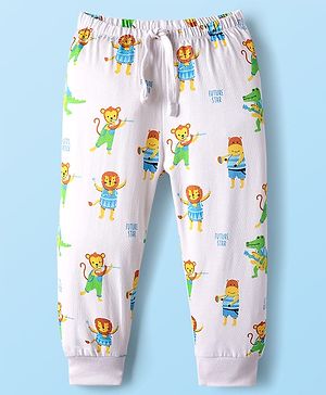 Babyhug Cotton Knit Full Length Lounge Pant with Animals Print - White