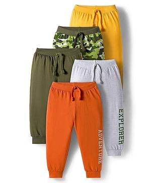 Babyhug Cotton Knit Full Length Lounge Pants With Camouflage & Text Print Pack of 5 - Olive Green White & Yellow