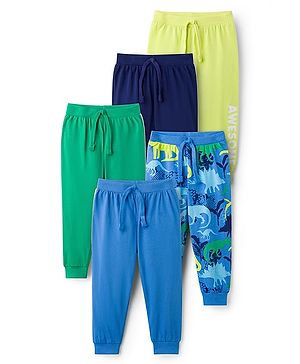 Babyhug Cotton Knit Full Length Joggers with Dino Print Pack of 5 - Blue Navy Blue & Green
