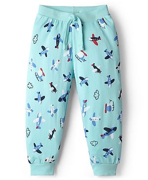 Babyhug Cotton Knit Full Length Lounge Pant With Airplane Print - Light Blue