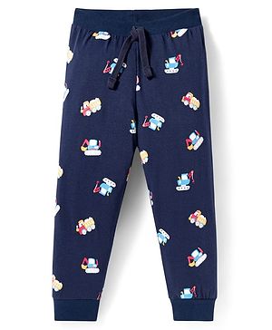 Babyhug Cotton Knit  Full Length Lounge Pant With Vehicle Print - Navy Blue