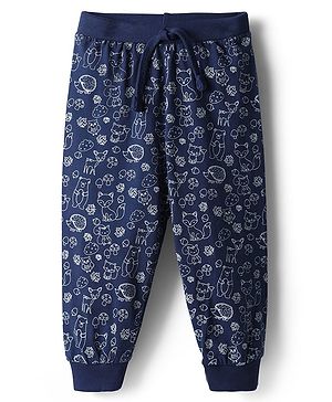 Babyhug Cotton Knit Full Length Lounge Pants with Animal Print - Navy Blue