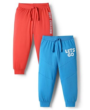 Babyhug Cotton Knit Full Length Text Printed Lounge Pants Pack Of 2 - Blue & Red
