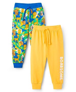 Babyhug Cotton Knit Full Length Lounge Pant with Animal Print Pack of 2- Yellow & Blue