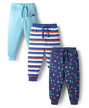 Babyhug Cotton Knit Full Length Lounge Pants with Stripes & Nautical Theme Print Pack of 3 - Multicolor