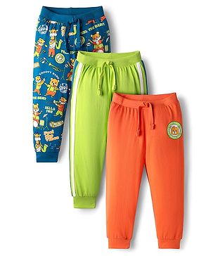 Babyhug Cotton Knit Full Length Lounge Pants with Bear Print & Tape Detailing Pack of 3 - Blue Green & Orange