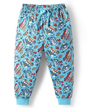 Babyhug Cotton Knit Full Length Vehicles Printed Lounge Pant With Vehicles Print - Light Blue